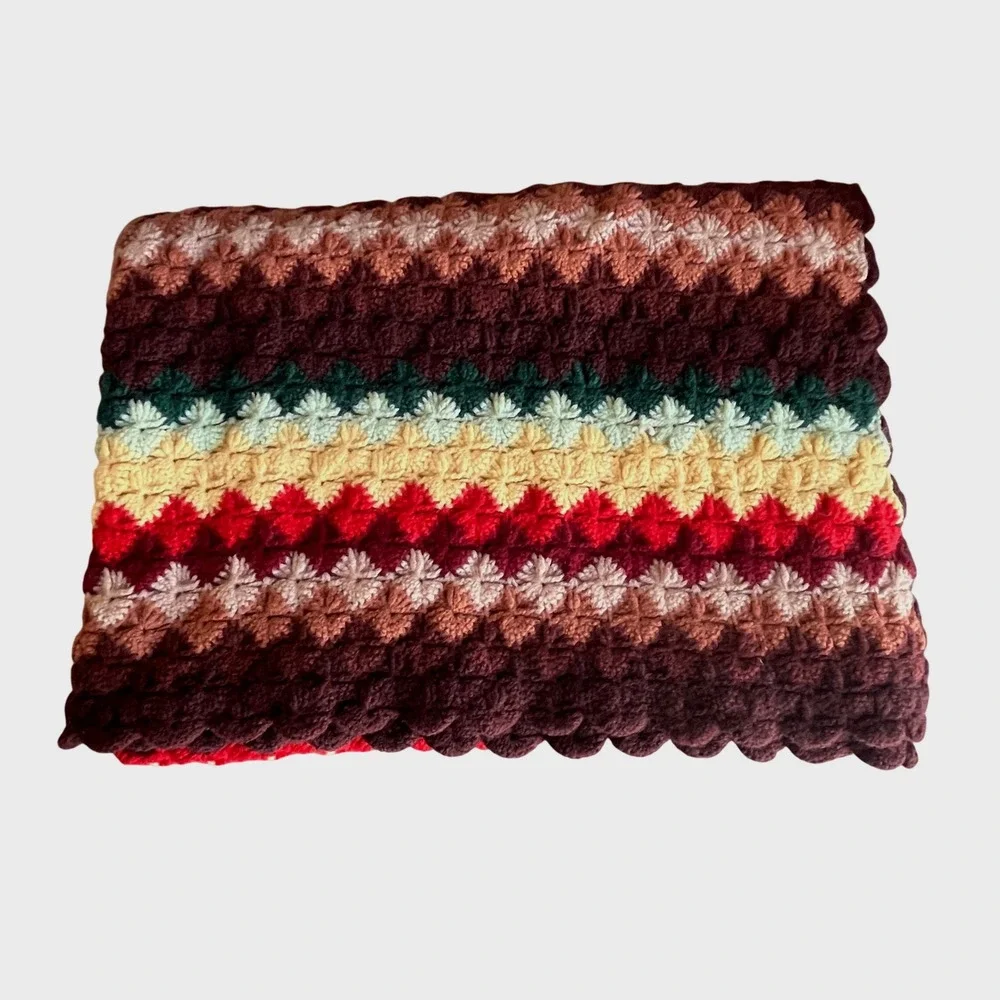 Vtg Handmade Crochet Afghan Throw Blanket Multi Color Striped MCM Colorful 44x67